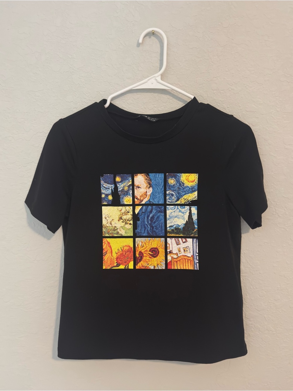 Black Graphic Tee with Colorful Van Gogh Patch Design